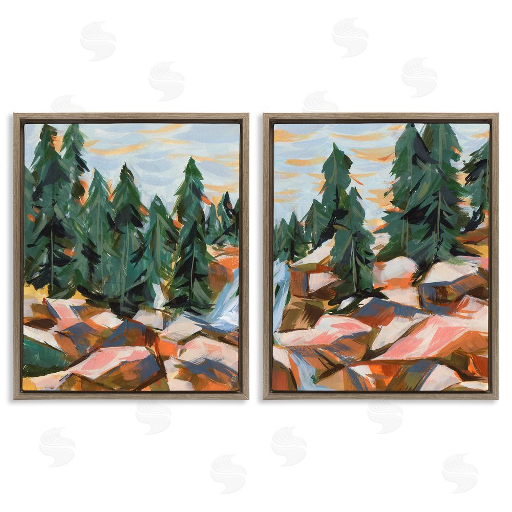 Melissa Wang Geometric Abstract Forest Foliage Landscape Brown Floating Frame Canvas Wall Art Print