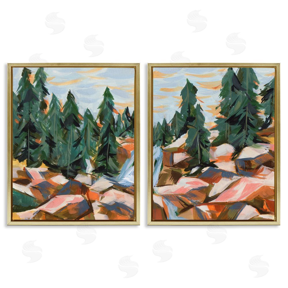 Melissa Wang Geometric Abstract Forest Foliage Landscape Gold Floating Frame Canvas Wall Art Print