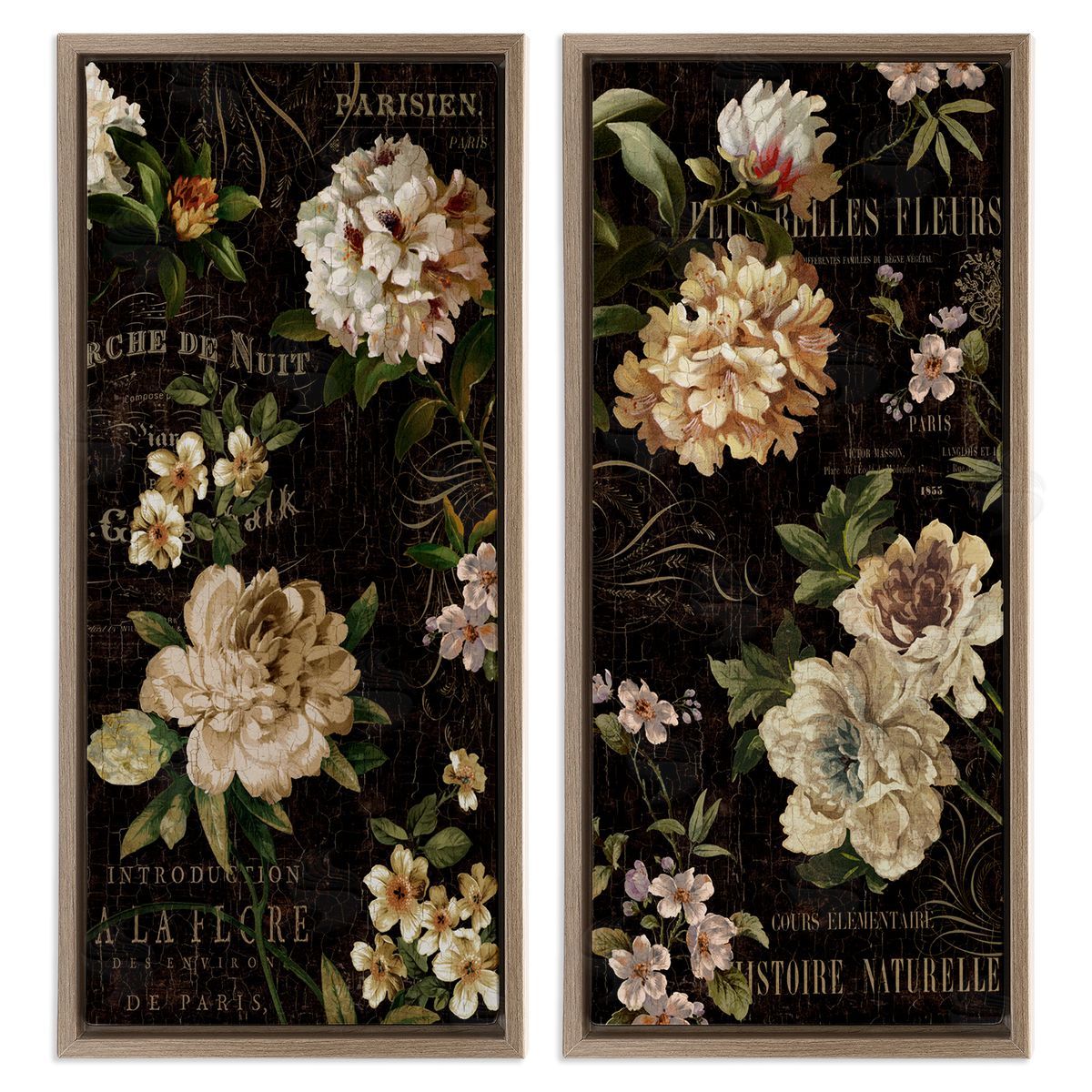 Vintage French Typography Flowers Brown Floating Frame Canvas Wall Art, Home Decor by Deborah Devellier