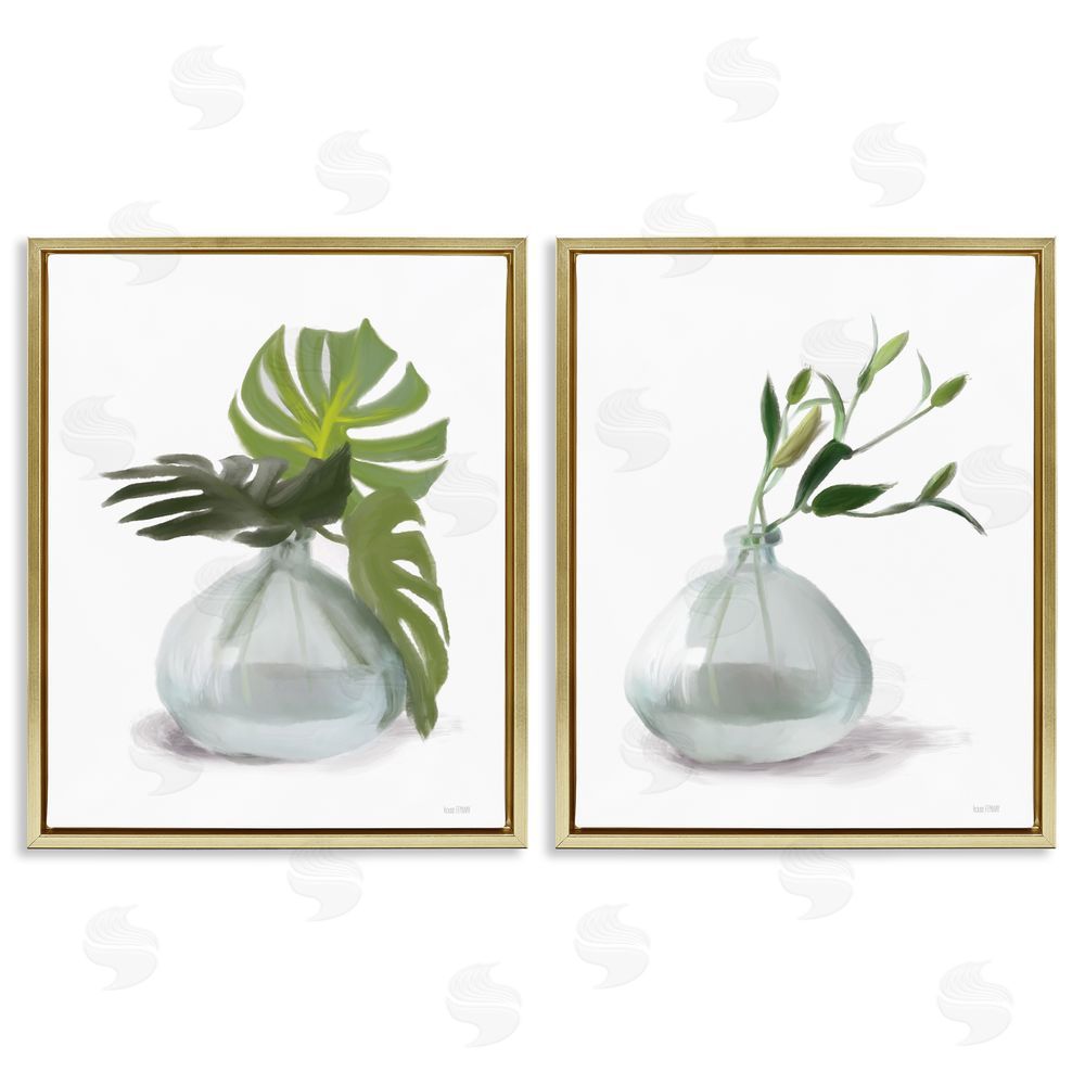 House Fenway Simple Monstera Plant Leaf Sprigs Gold Floating Frame Canvas Wall Art Print