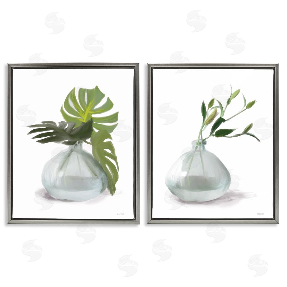 House Fenway Simple Monstera Plant Leaf Sprigs Gray Floating Frame Canvas Wall Art Print