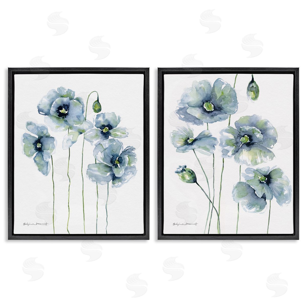 Blue Poppies Blooming Garden Black Floating Frame Canvas Wall Art, Home Decor by Stephanie Workman Marrott