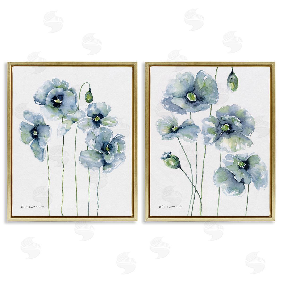 Blue Poppies Blooming Garden Gold Floating Frame Canvas Wall Art, Home Decor by Stephanie Workman Marrott