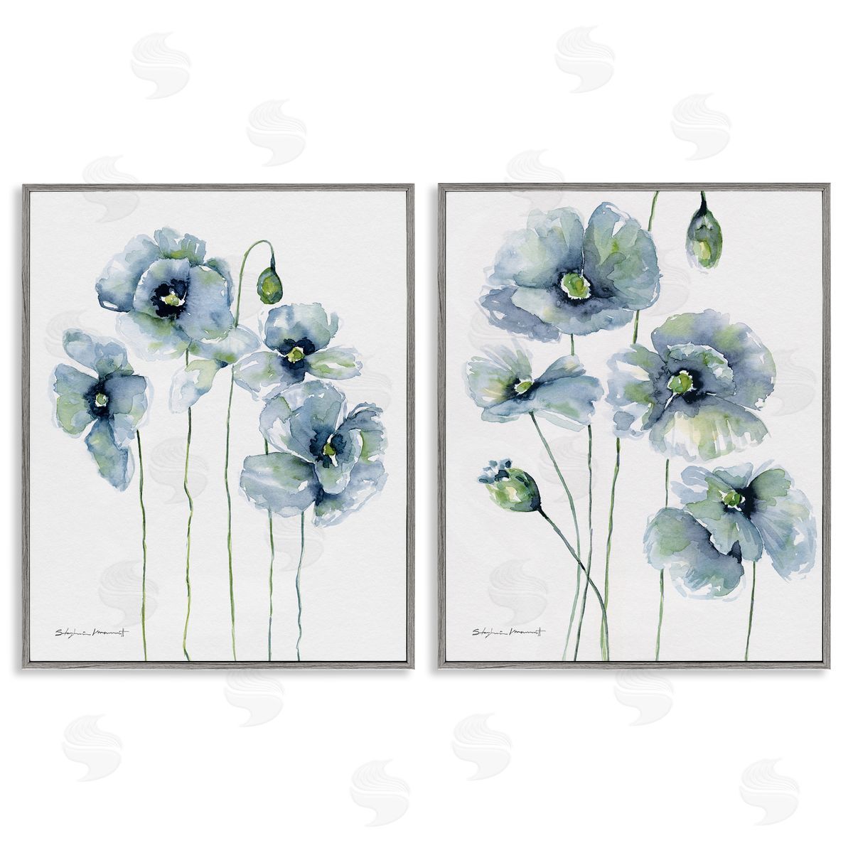 Blue Poppies Blooming Garden Grey Frame Print Wall Art, Home Decor by Stephanie Workman Marrott