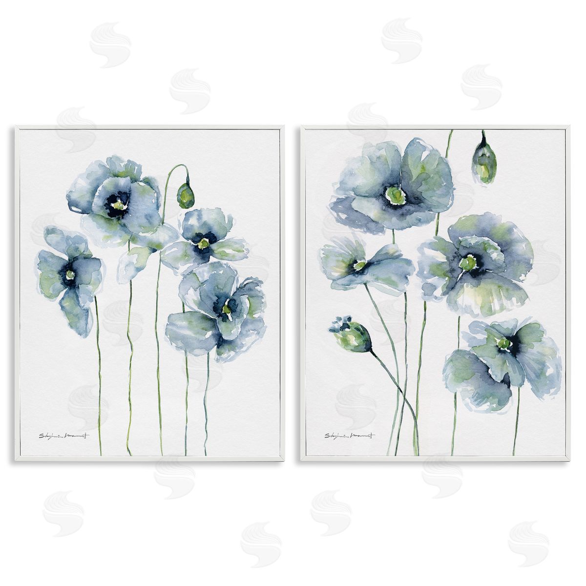 Blue Poppies Blooming Garden White Frame Print Wall Art, Home Decor by Stephanie Workman Marrott