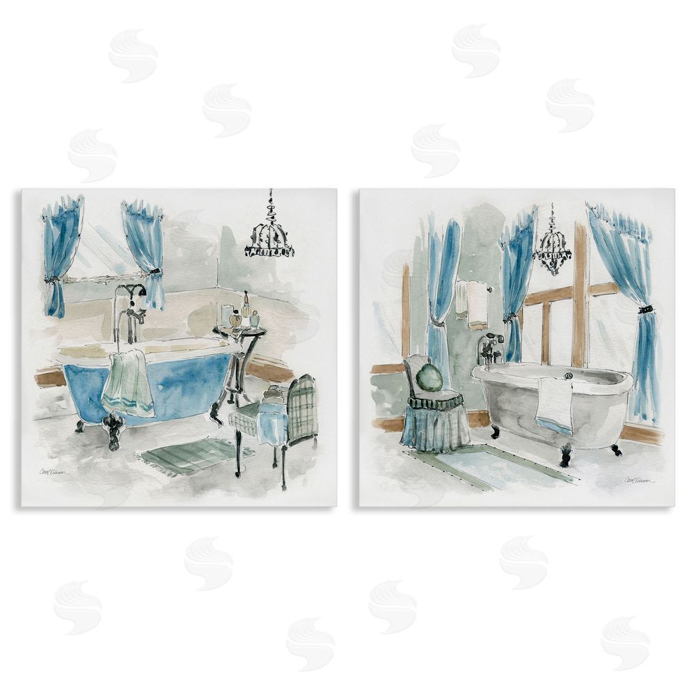 Carol Robinson Bathroom Tub Painting Blue & Beige Canvas Wall Art Print