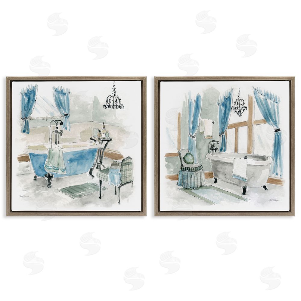 Carol Robinson Bathroom Tub Painting Blue & Beige Brown Floating Frame Canvas Wall Art Print