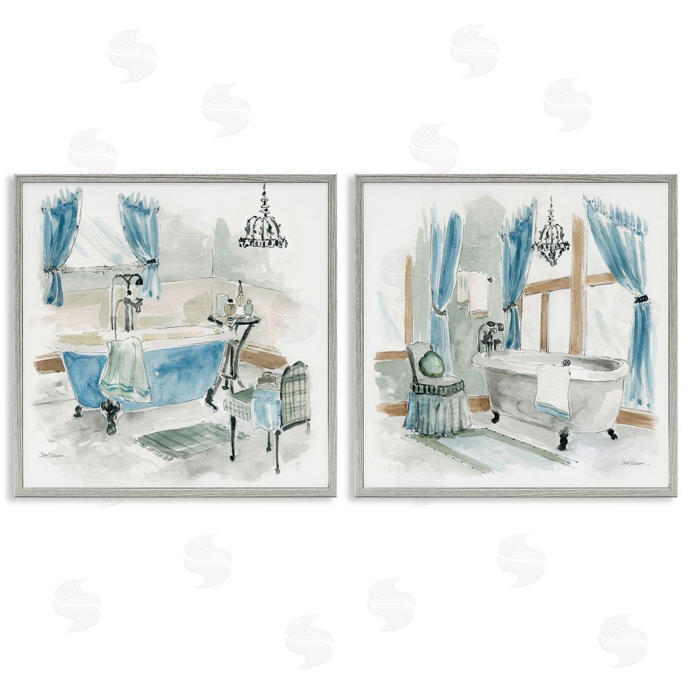 Carol Robinson Bathroom Tub Painting Blue & Beige Gray Framed Giclee Wall Art Print