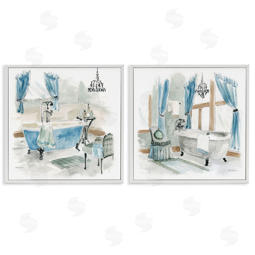 Carol Robinson Bathroom Tub Painting Blue & Beige White Framed Giclee Wall Art Print