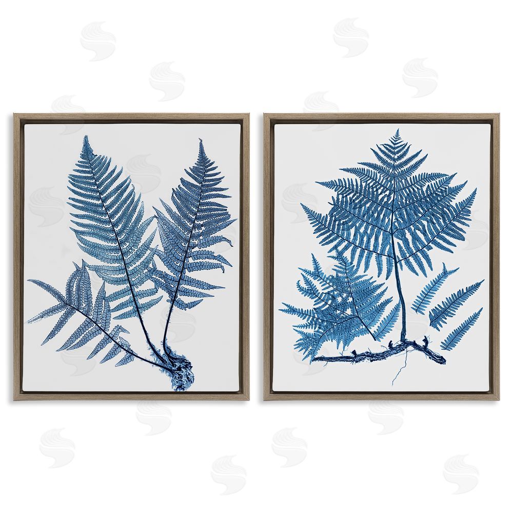 Graffitee Studios Bold Blue Ferns Woodland Nature Brown Floating Frame Canvas Wall Art Print