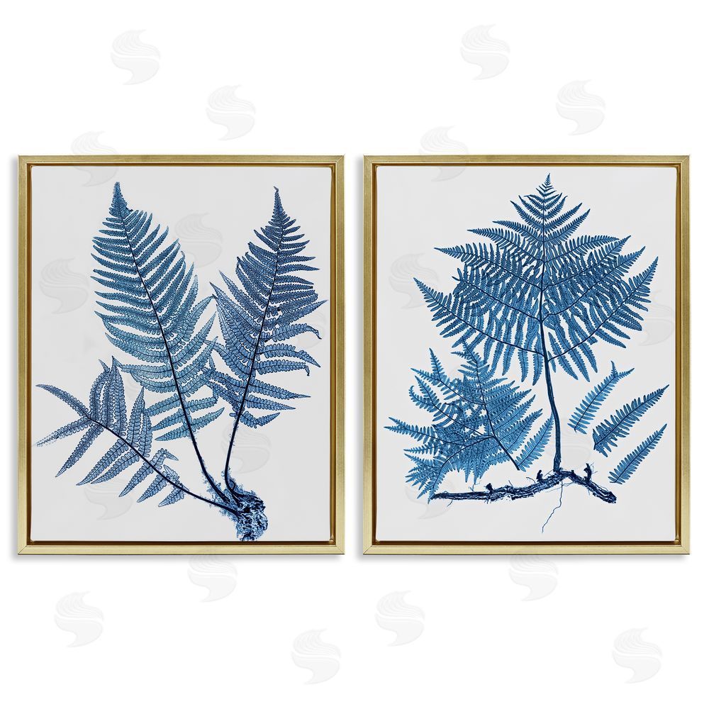 Graffitee Studios Bold Blue Ferns Woodland Nature Gold Floating Frame Canvas Wall Art Print