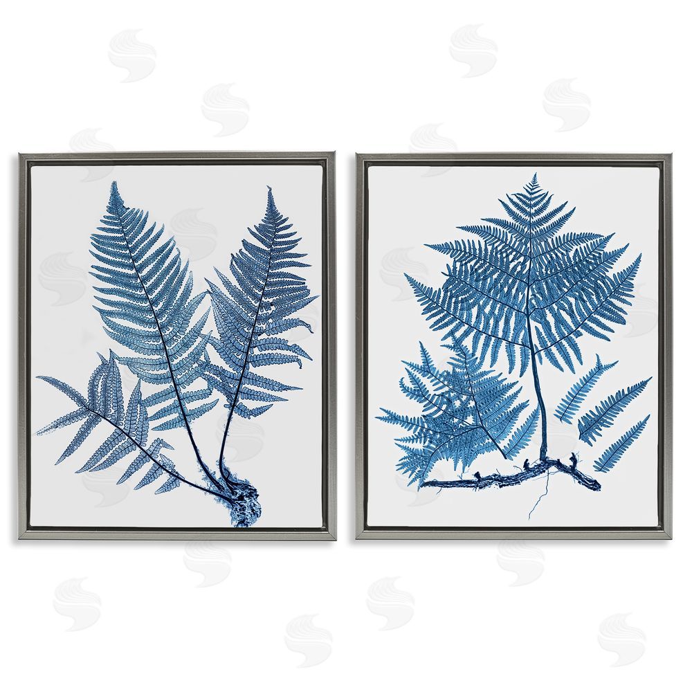 Graffitee Studios Bold Blue Ferns Woodland Nature Gray Floating Frame Canvas Wall Art Print