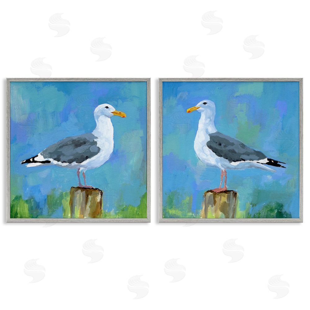 Victoria Barnes Nautical Perched Seagulls Gray Framed Giclee Wall Art Print