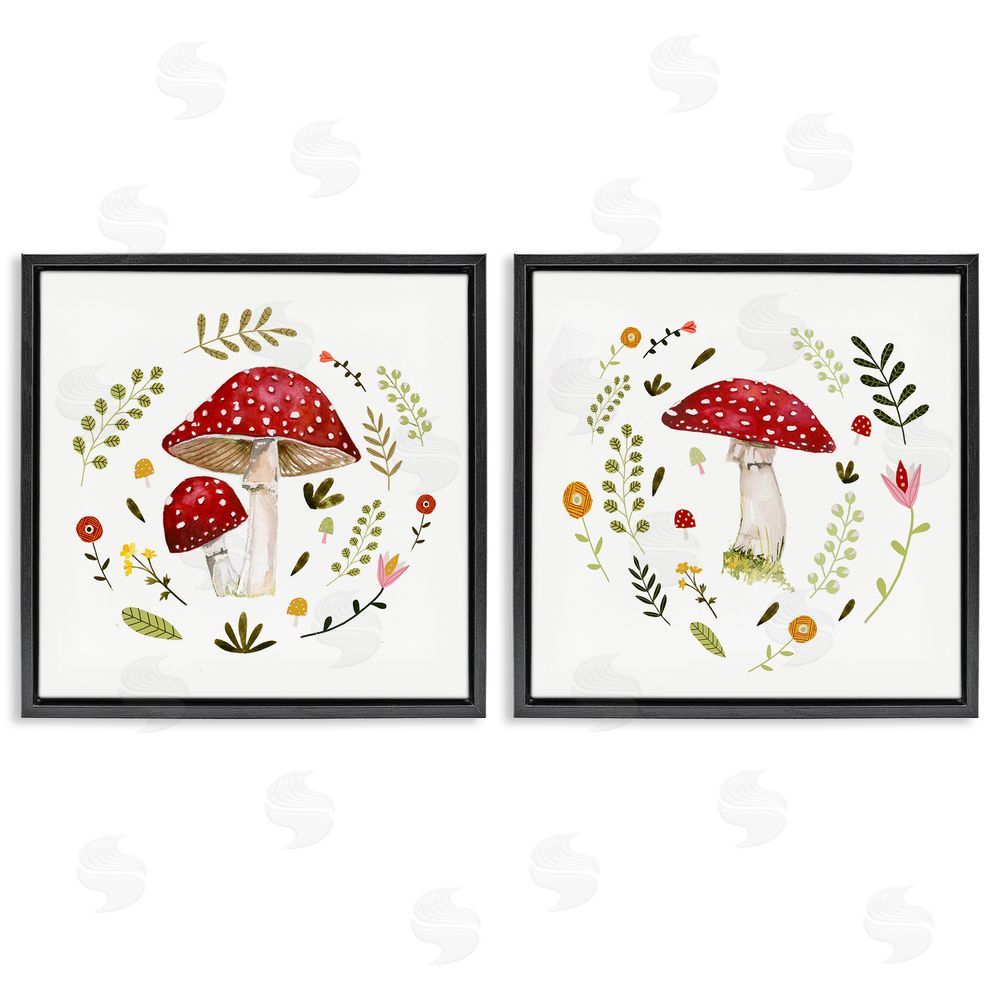 Victoria Barnes Mushrooms & Flower Sprouts Black Floating Frame Canvas Wall Art Print
