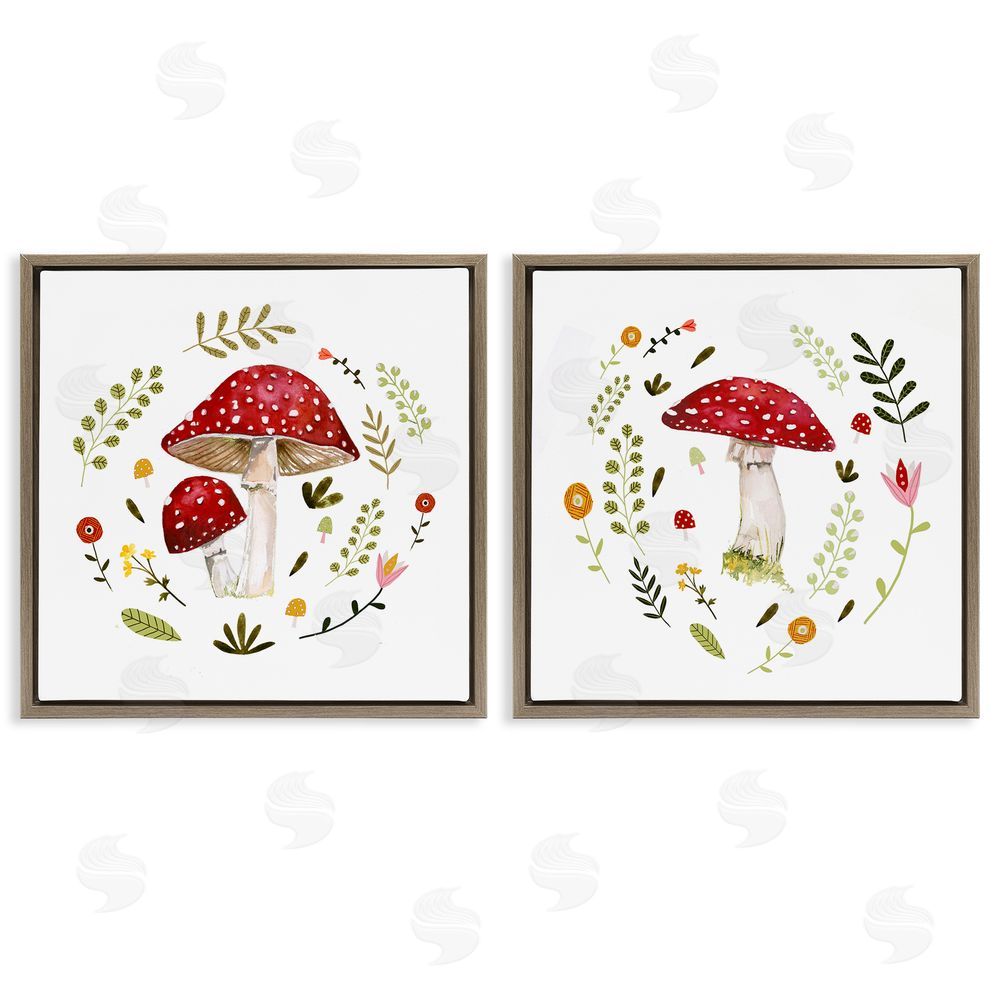 Victoria Barnes Mushrooms & Flower Sprouts Brown Floating Frame Canvas Wall Art Print