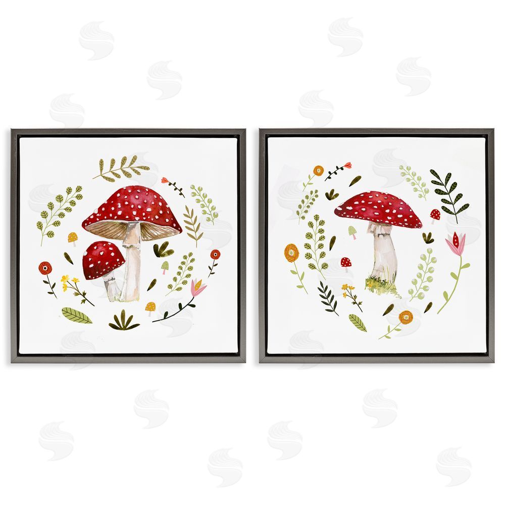 Victoria Barnes Mushrooms & Flower Sprouts Gray Floating Frame Canvas Wall Art Print