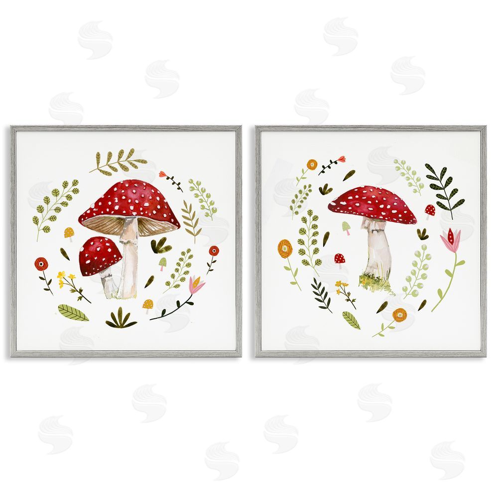 Victoria Barnes Mushrooms & Flower Sprouts Gray Framed Giclee Wall Art Print