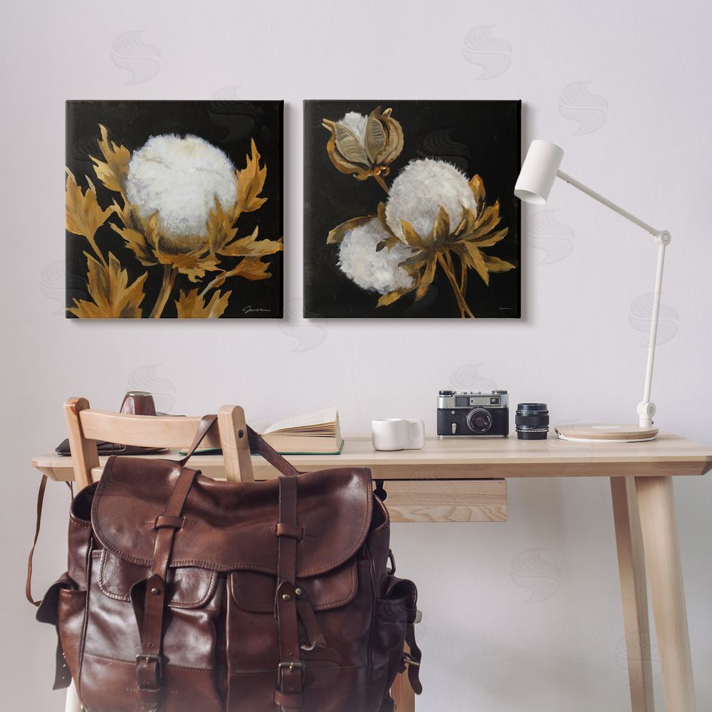 Liz Jardine Dark Cotton Flowers Canvas Wall Art Print in Room