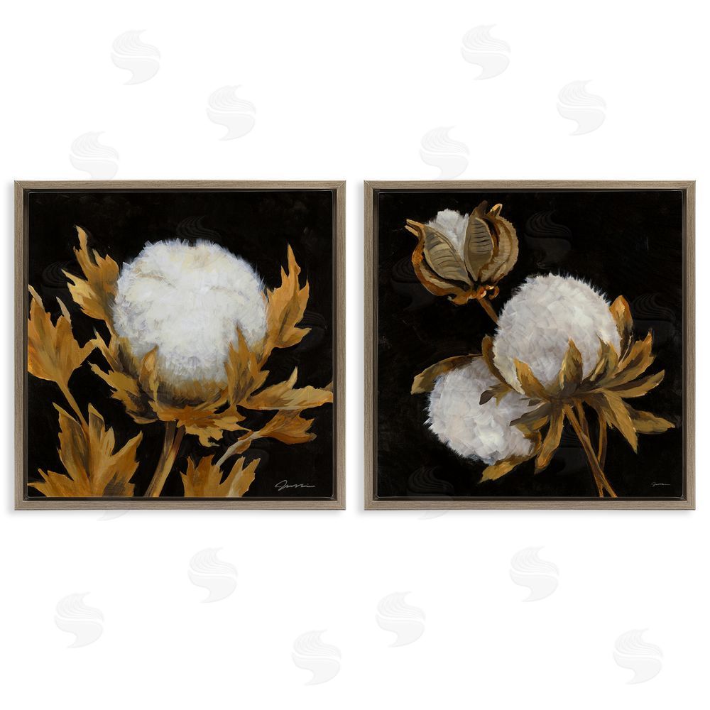 Liz Jardine Dark Cotton Flowers Brown Floating Frame Canvas Wall Art Print