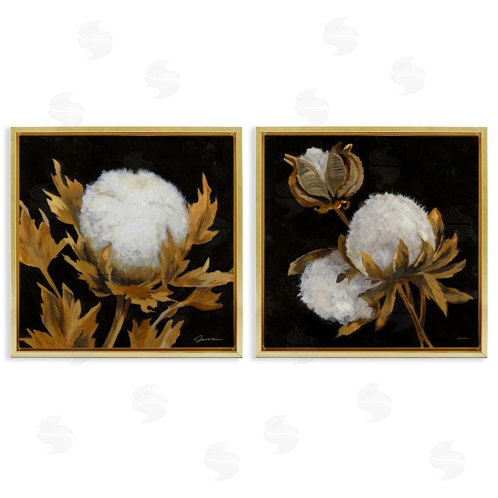 Liz Jardine Dark Cotton Flowers Gold Floating Frame Canvas Wall Art Print