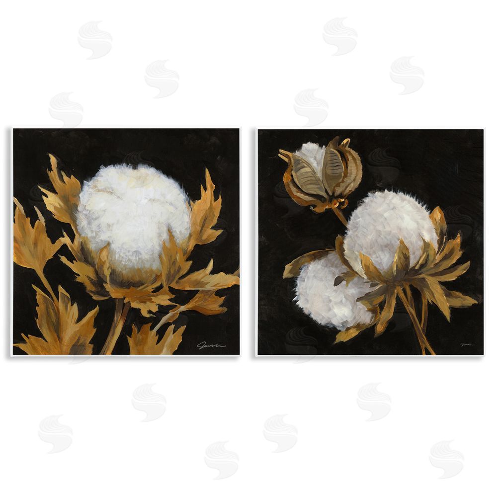 Liz Jardine Dark Cotton Flowers Wooden Wall Plaque Art Print