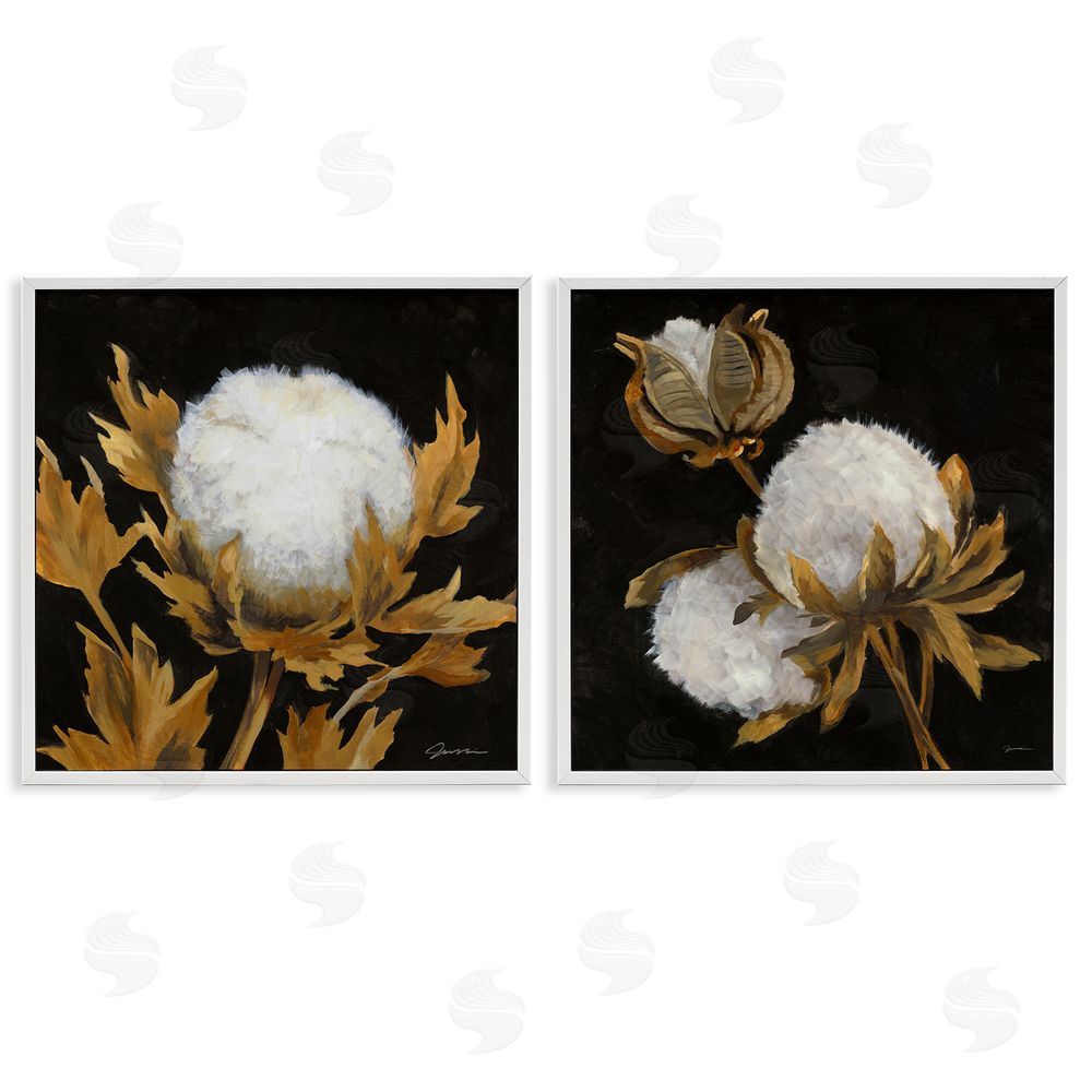 Liz Jardine Dark Cotton Flowers White Framed Giclee Wall Art Print