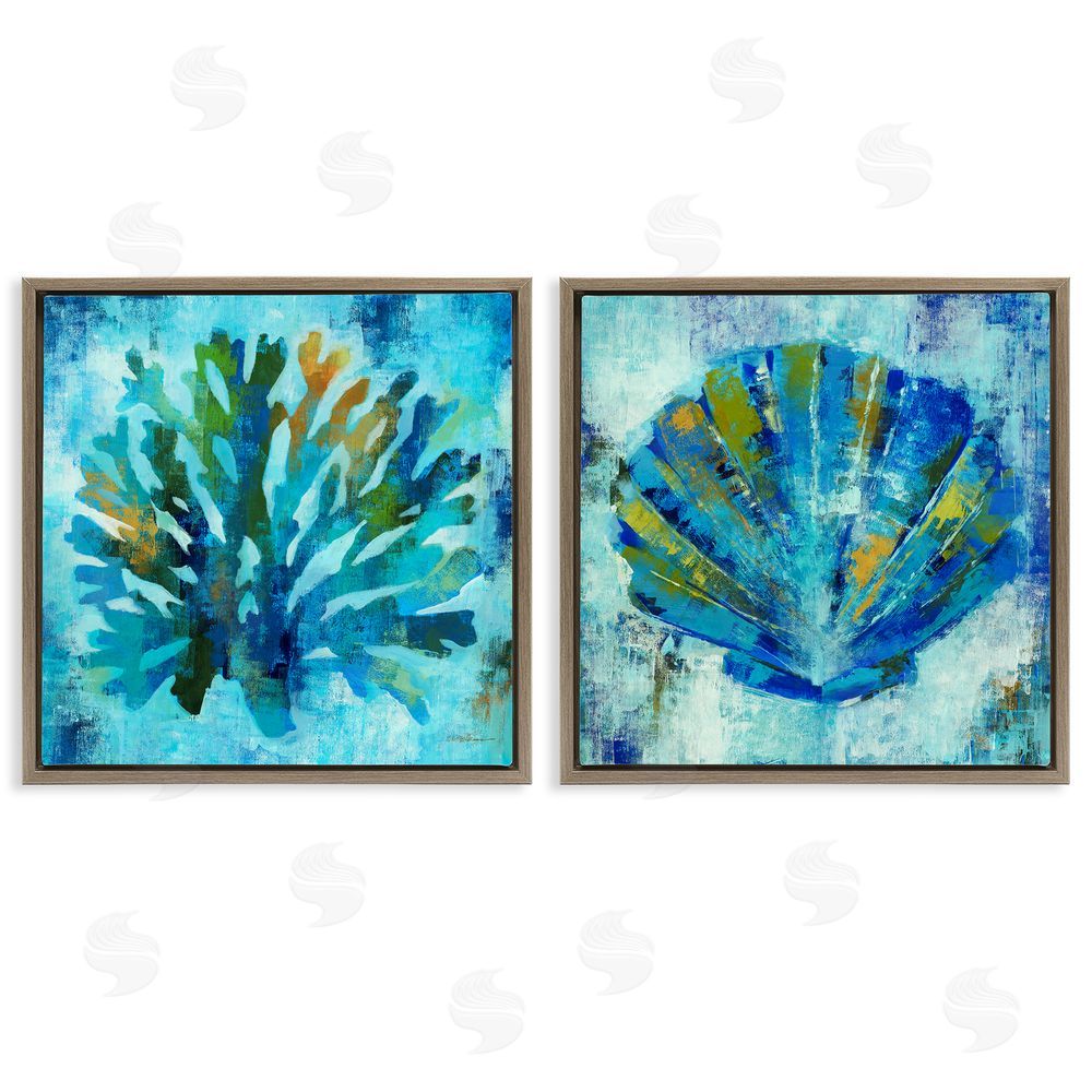 Liz Jardine Blue Sea Life Abstraction Brown Floating Frame Canvas Wall Art Print