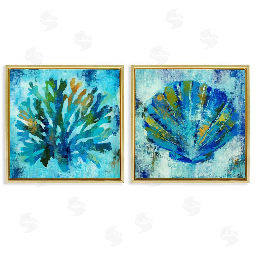Liz Jardine Blue Sea Life Abstraction Gold Floating Frame Canvas Wall Art Print