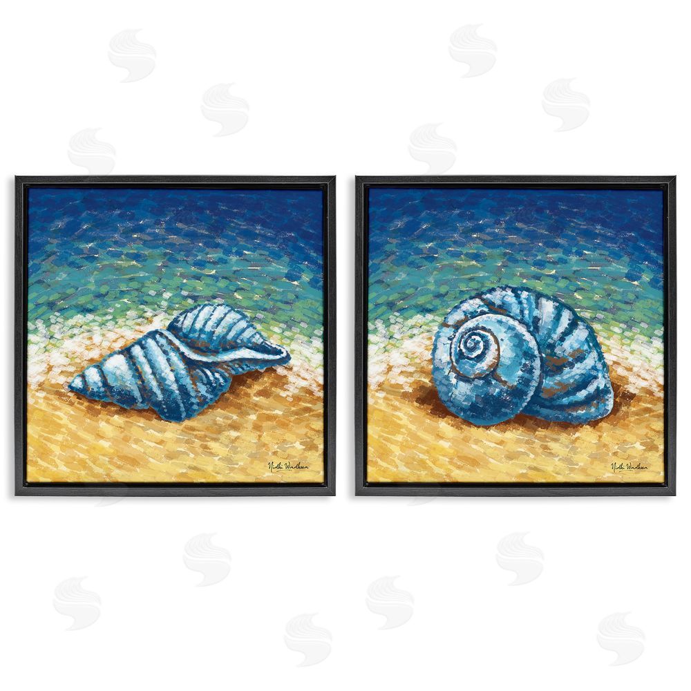 Nidhi Wadhwa Conch Shells on Shore Black Floating Frame Canvas Wall Art Print