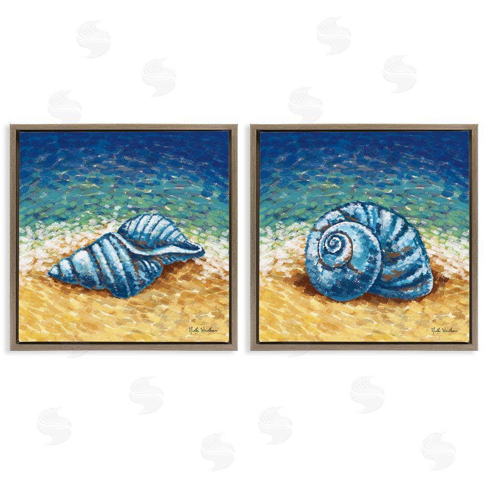 Nidhi Wadhwa Conch Shells on Shore Brown Floating Frame Canvas Wall Art Print