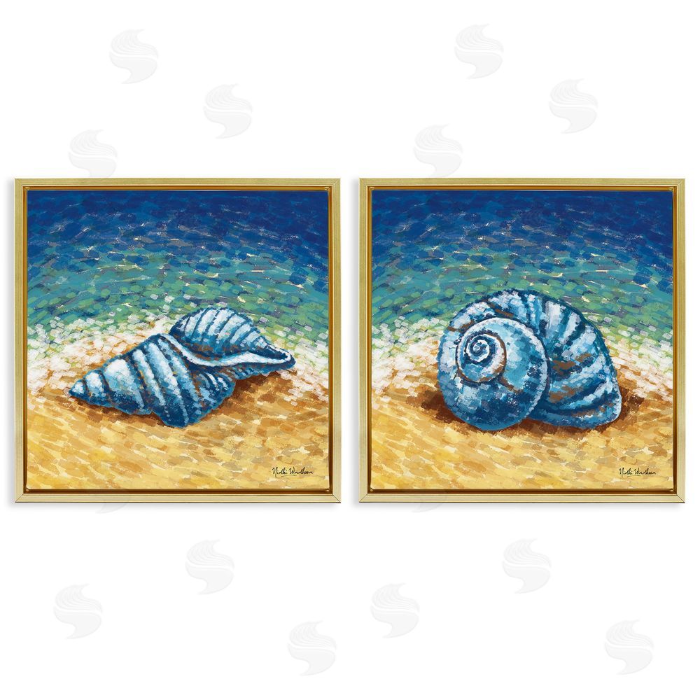 Nidhi Wadhwa Conch Shells on Shore Gold Floating Frame Canvas Wall Art Print
