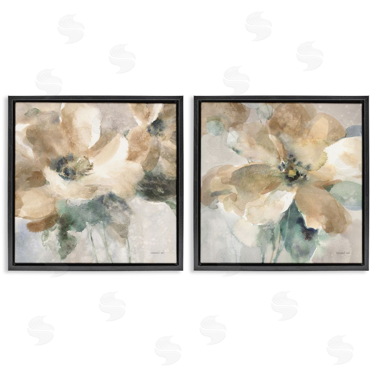 Abstract Beige Flowers Black Floating Frame Canvas Wall Art, Home Decor by Danhui Nai