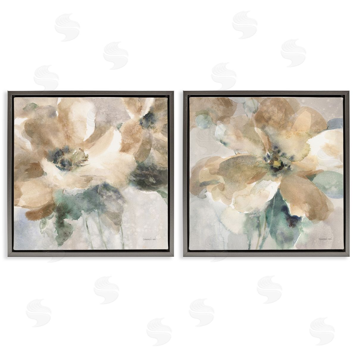 Abstract Beige Flowers Grey Floating Frame Canvas Wall Art, Home Decor by Danhui Nai