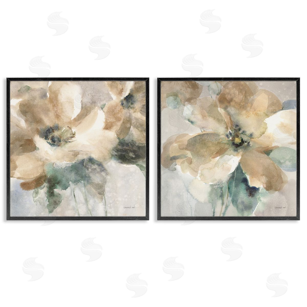 Abstract Beige Flowers Black Frame Print Wall Art, Home Decor by Danhui Nai