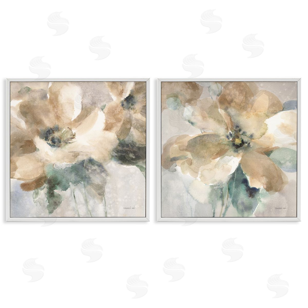 Abstract Beige Flowers White Frame Print Wall Art, Home Decor by Danhui Nai