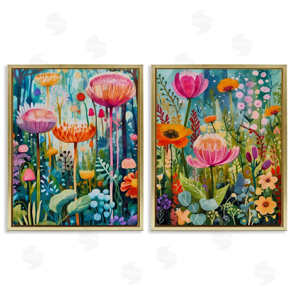 LSR Design Studio Whimsical Gardens Landscape Gold Floating Frame Canvas Wall Art Print