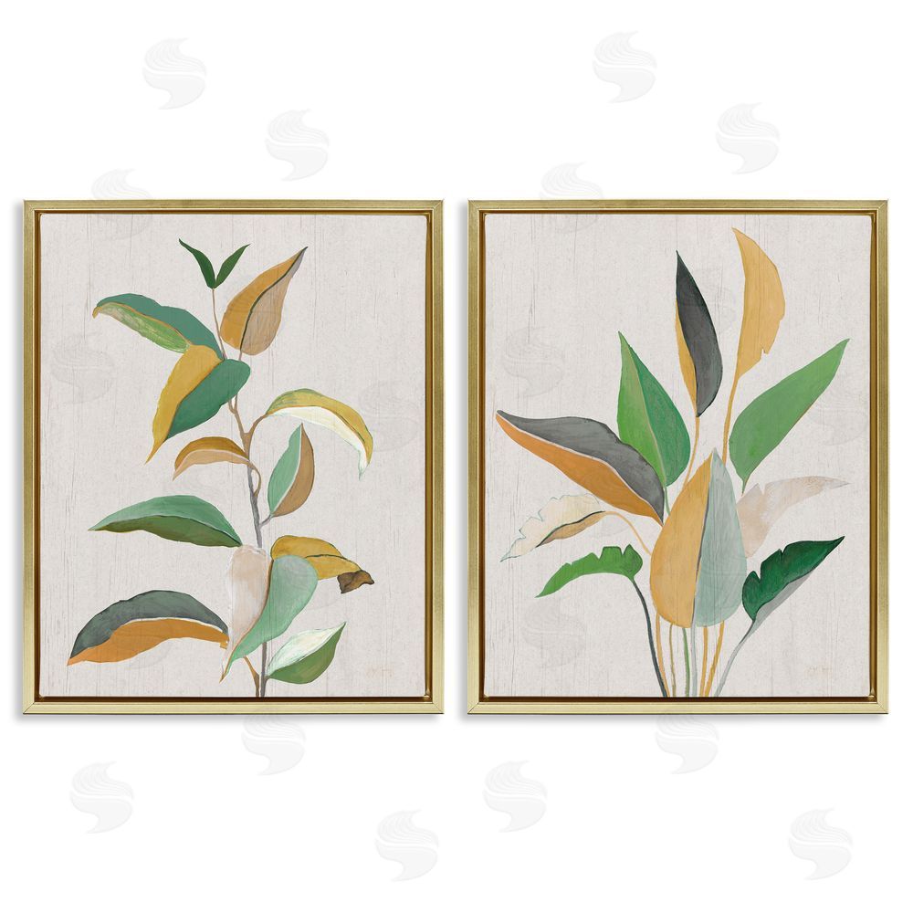 Janet Tava Modern Split Plant Leaves Gold Floating Frame Canvas Wall Art Print