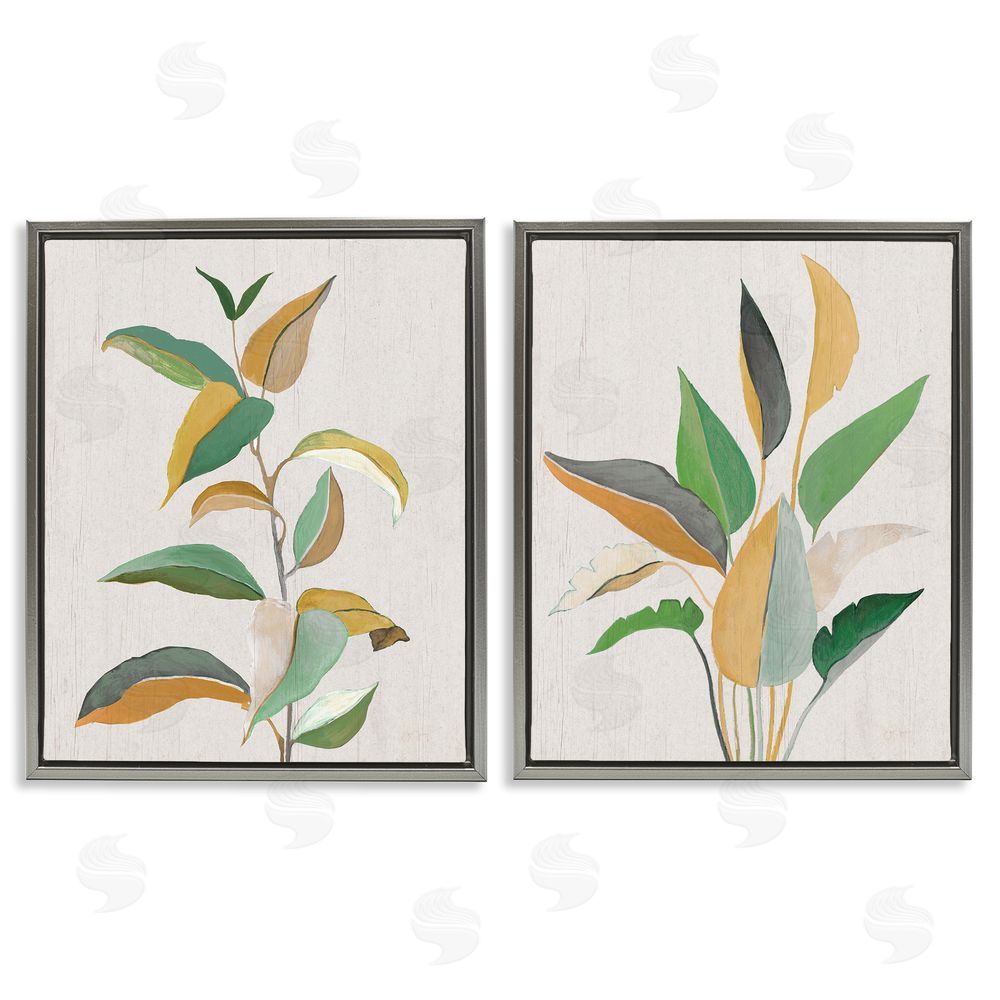 Janet Tava Modern Split Plant Leaves Gray Floating Frame Canvas Wall Art Print