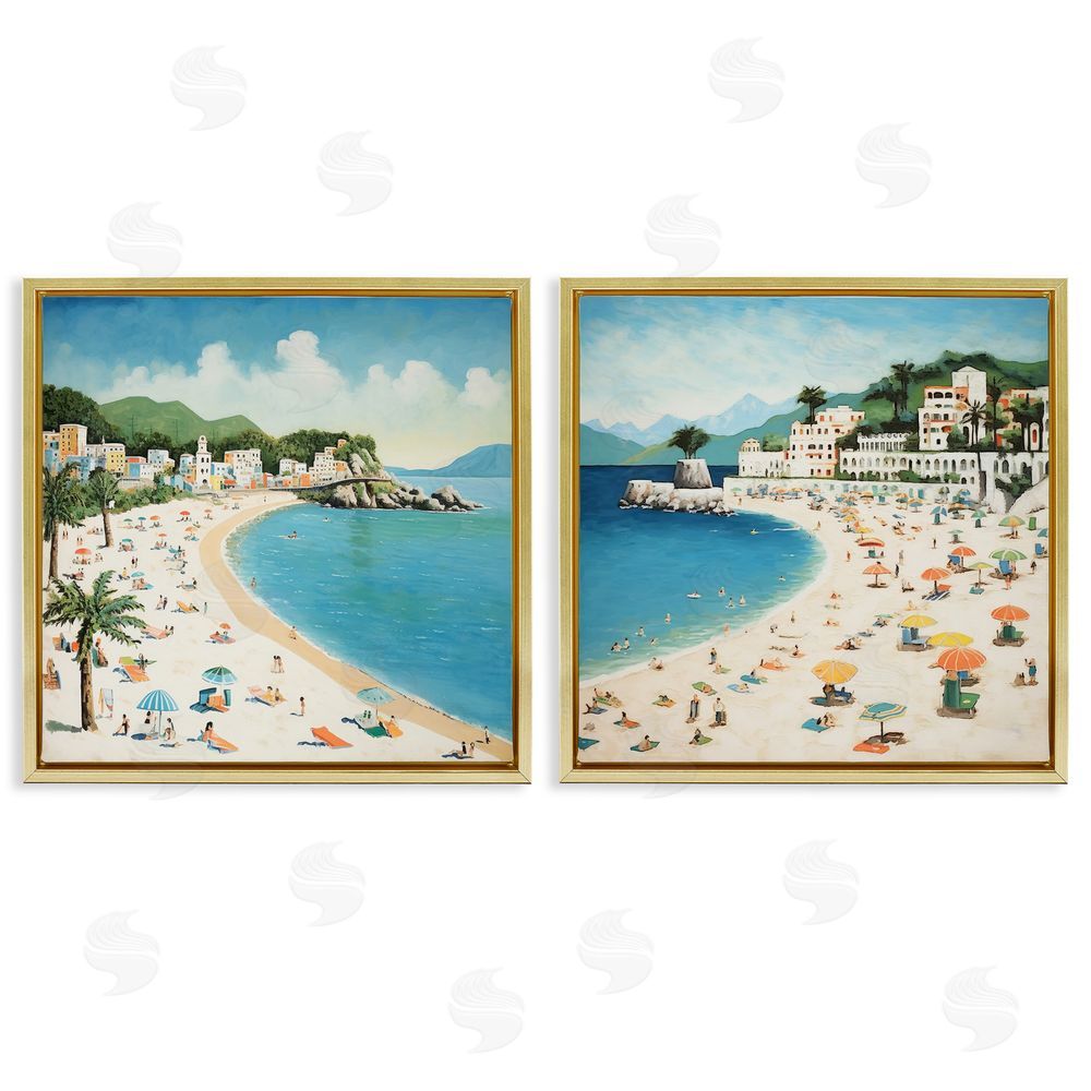 Lazar Studio Beach Goers on Curved Shore Gold Floating Frame Canvas Wall Art Print