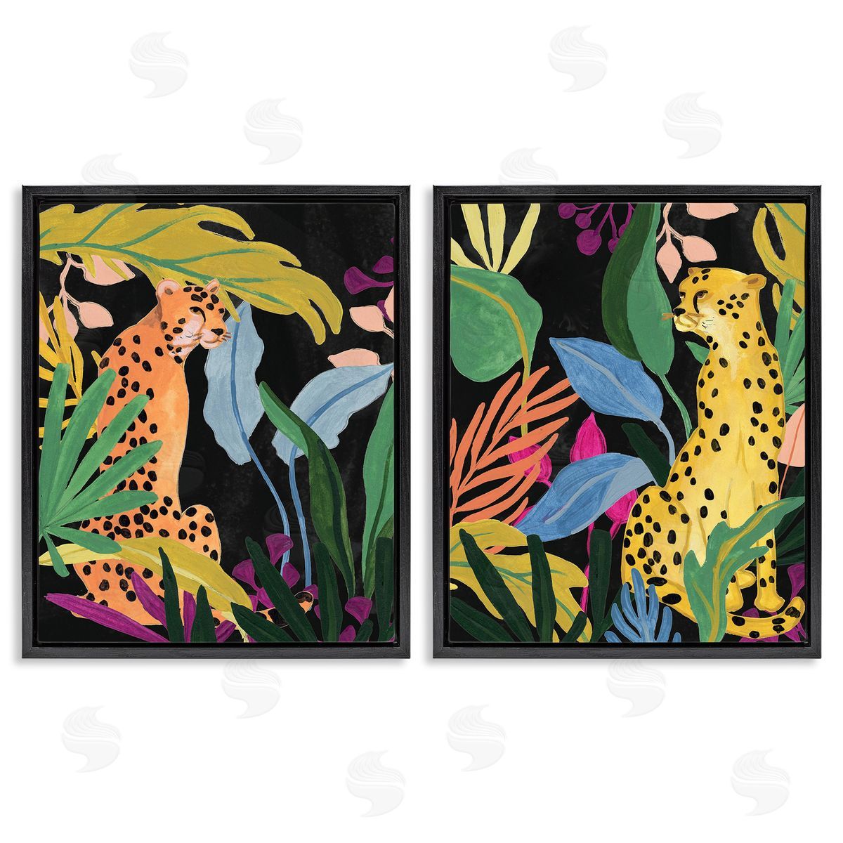June Erica Vess Leopards & Tropical Leaves Black Floating Frame Canvas Wall Art Print