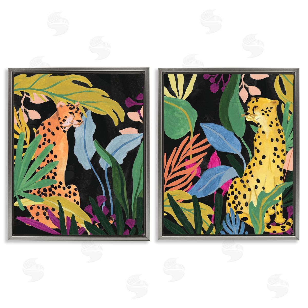 June Erica Vess Leopards & Tropical Leaves Gray Floating Frame Canvas Wall Art Print