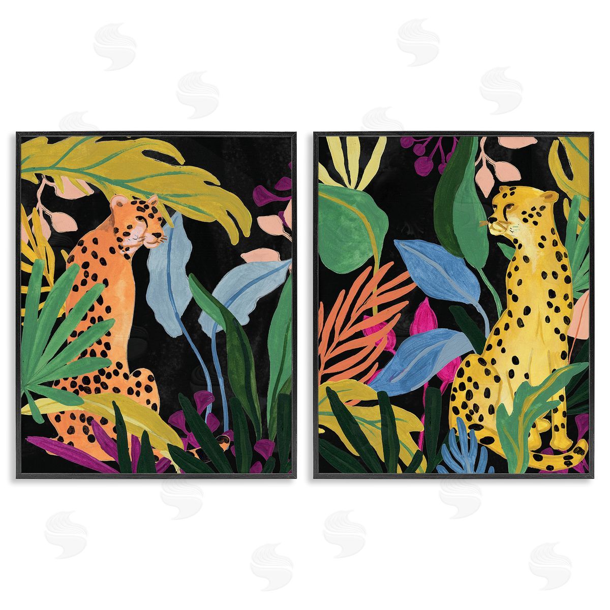 June Erica Vess Leopards & Tropical Leaves Black Framed Giclee Wall Art Print