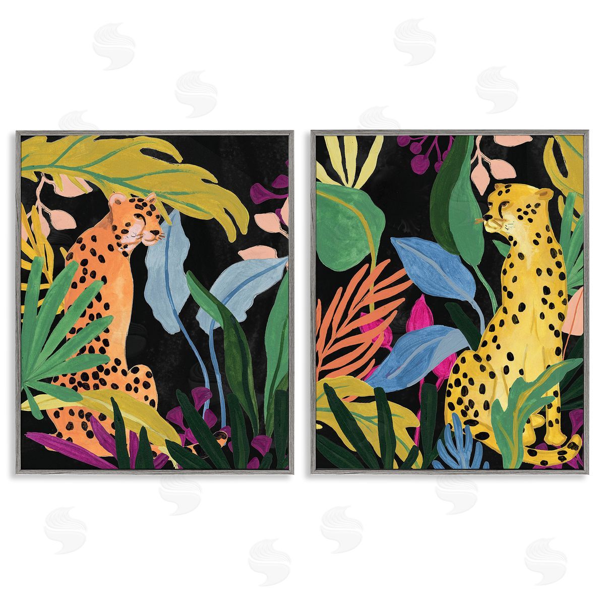 June Erica Vess Leopards & Tropical Leaves Gray Framed Giclee Wall Art Print