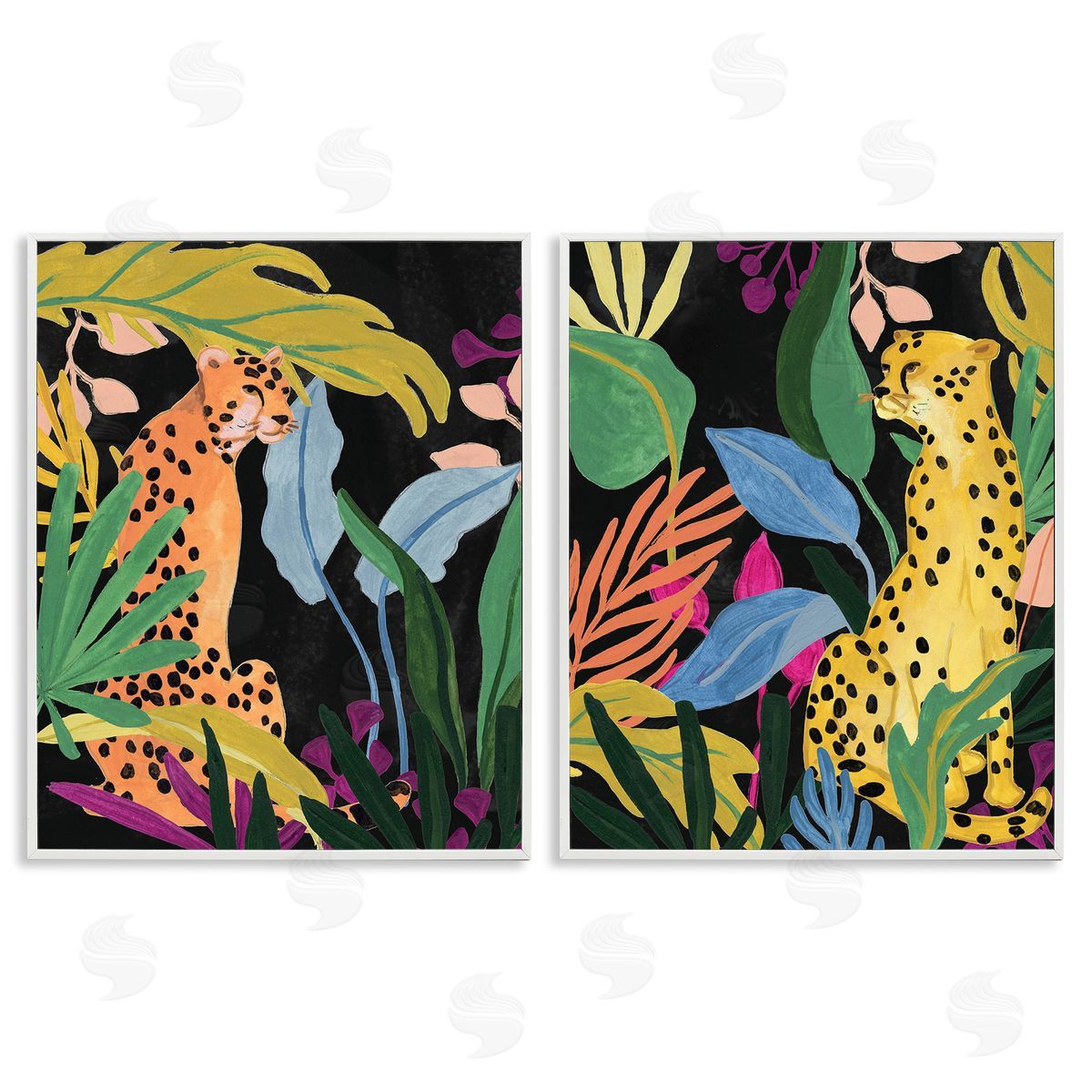 June Erica Vess Leopards & Tropical Leaves White Framed Giclee Wall Art Print