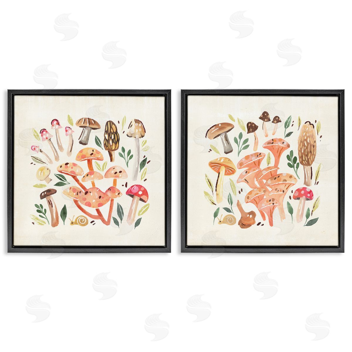 Annie Warren Mushroom & Leaves Pattern Black Floating Frame Canvas Wall Art Print