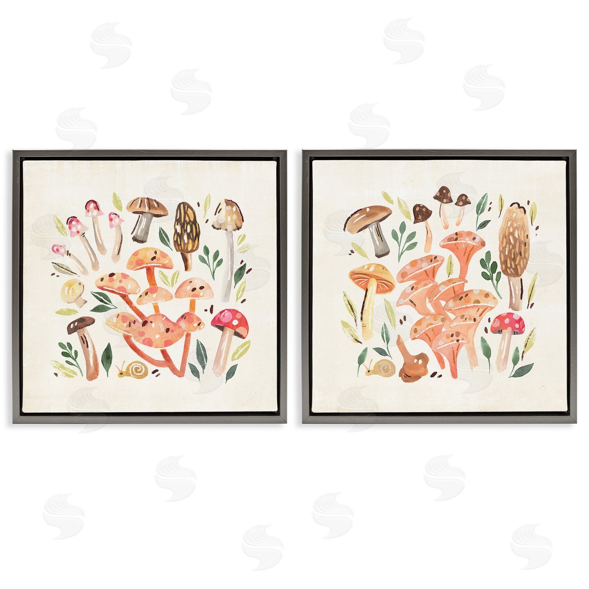 Annie Warren Mushroom & Leaves Pattern Gray Floating Frame Canvas Wall Art Print