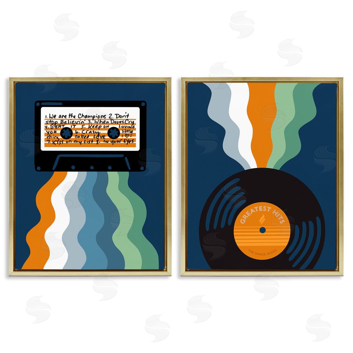 Laura Marr Retro Music with Stripes Gold Floating Frame Canvas Wall Art Print