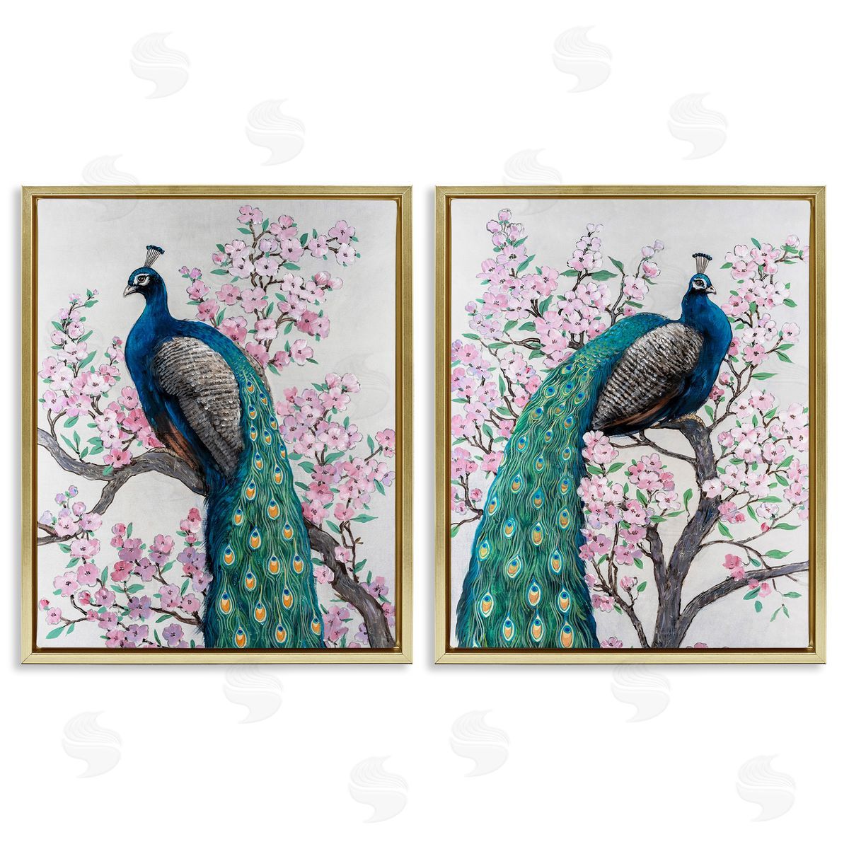 Tim O'Toole Floral Peacocks Perched Gold Floating Frame Canvas Wall Art Print