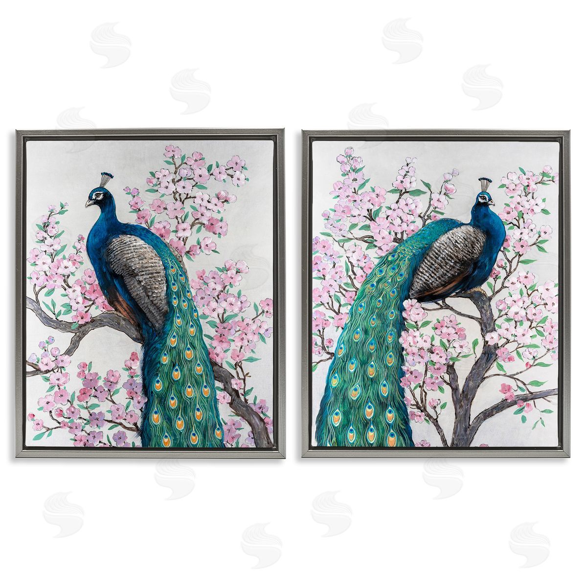 Tim O'Toole Floral Peacocks Perched Gray Floating Frame Canvas Wall Art Print