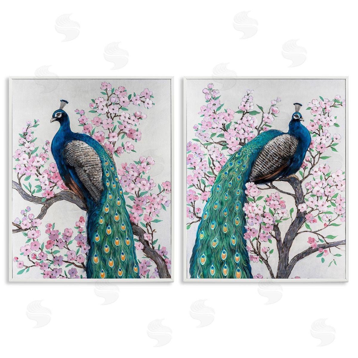 Tim O'Toole Floral Peacocks Perched White Framed Giclee Wall Art Print